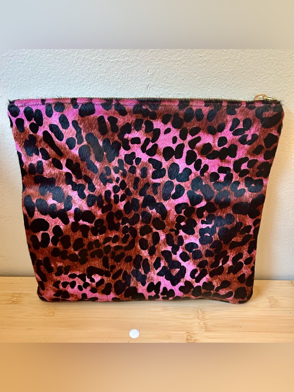 Trina Turk Pony Hair Pink Leopard Animal Print Envelope Clutch Handbag SEE PICS